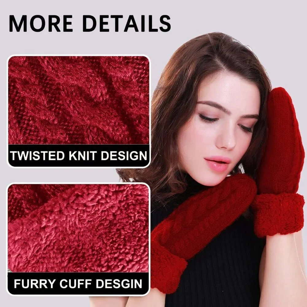 Women's Red Winter Warm Imported Fleece Lining Cozy Wool Knit Thick Gloves